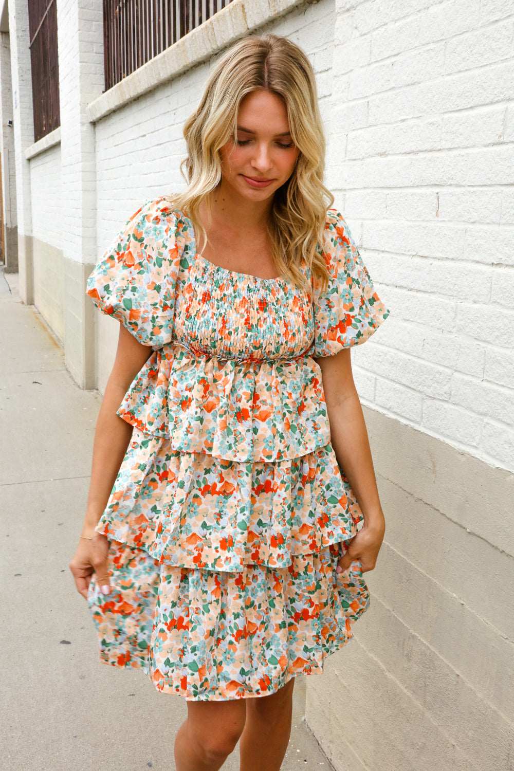Find Love Floral Print Smocked Neck Puff Sleeve Ruffle Tiered Dress-Modish Lily, Tecumseh Michigan