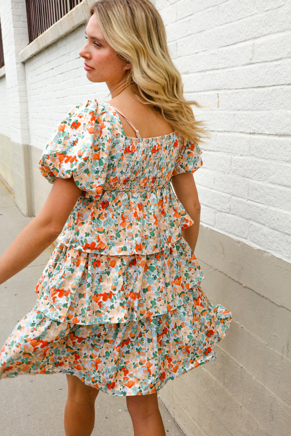 Find Love Floral Print Smocked Neck Puff Sleeve Ruffle Tiered Dress-Modish Lily, Tecumseh Michigan