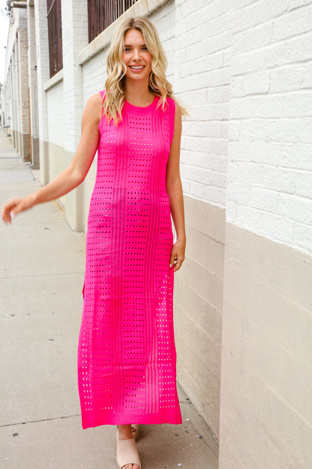 The Perfect Find Hot Pink Pointelle Sleeveless Side Slit Midi Coverup-Modish Lily, Tecumseh Michigan