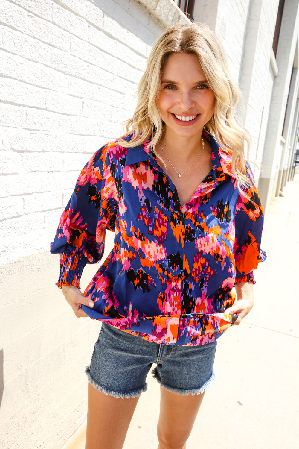Dazzle in Cobalt Blue Abstract Print Button-Down Smocked Sleeve Blouse-Modish Lily, Tecumseh Michigan