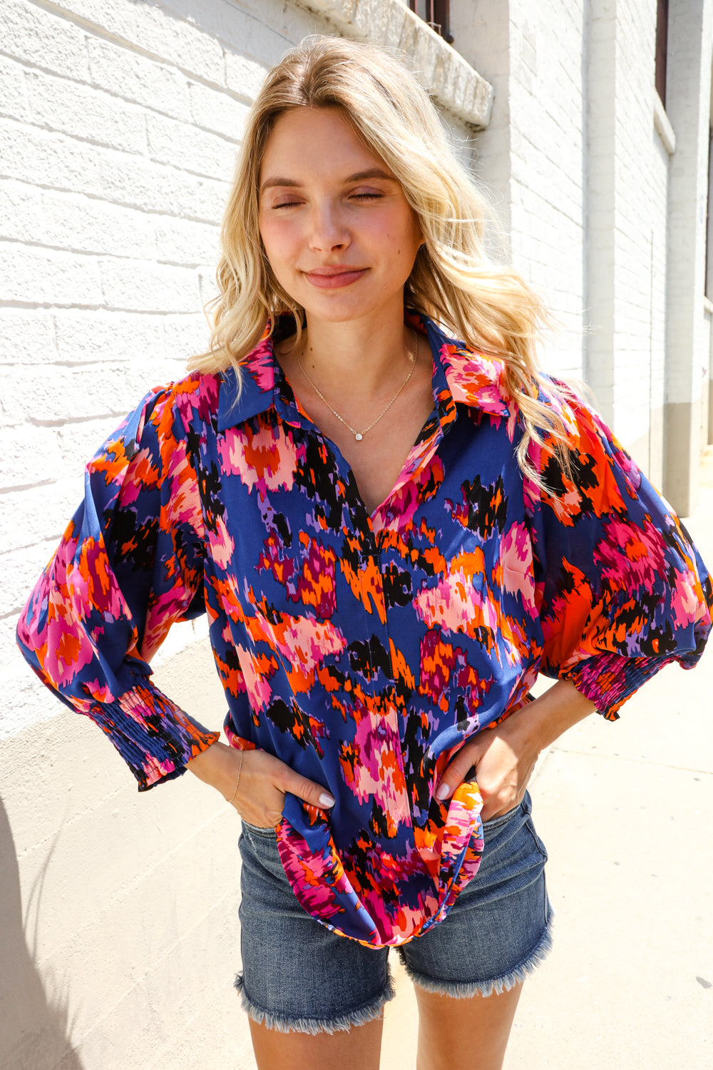 Dazzle in Cobalt Blue Abstract Print Button-Down Smocked Sleeve Blouse-Modish Lily, Tecumseh Michigan