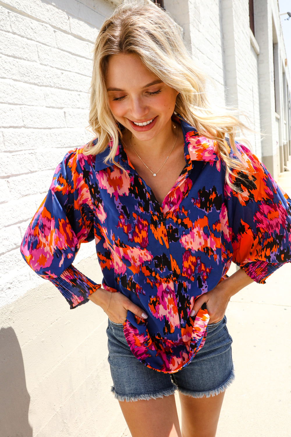 Dazzle in Cobalt Blue Abstract Print Button-Down Smocked Sleeve Blouse-Modish Lily, Tecumseh Michigan