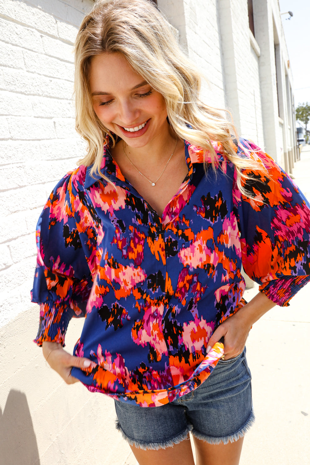 Dazzle in Cobalt Blue Abstract Print Button-Down Smocked Sleeve Blouse-Modish Lily, Tecumseh Michigan