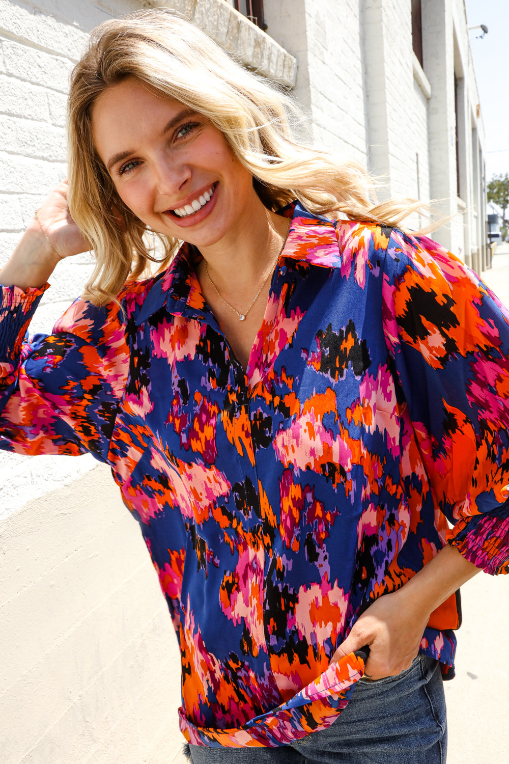 Dazzle in Cobalt Blue Abstract Print Button-Down Smocked Sleeve Blouse-Modish Lily, Tecumseh Michigan