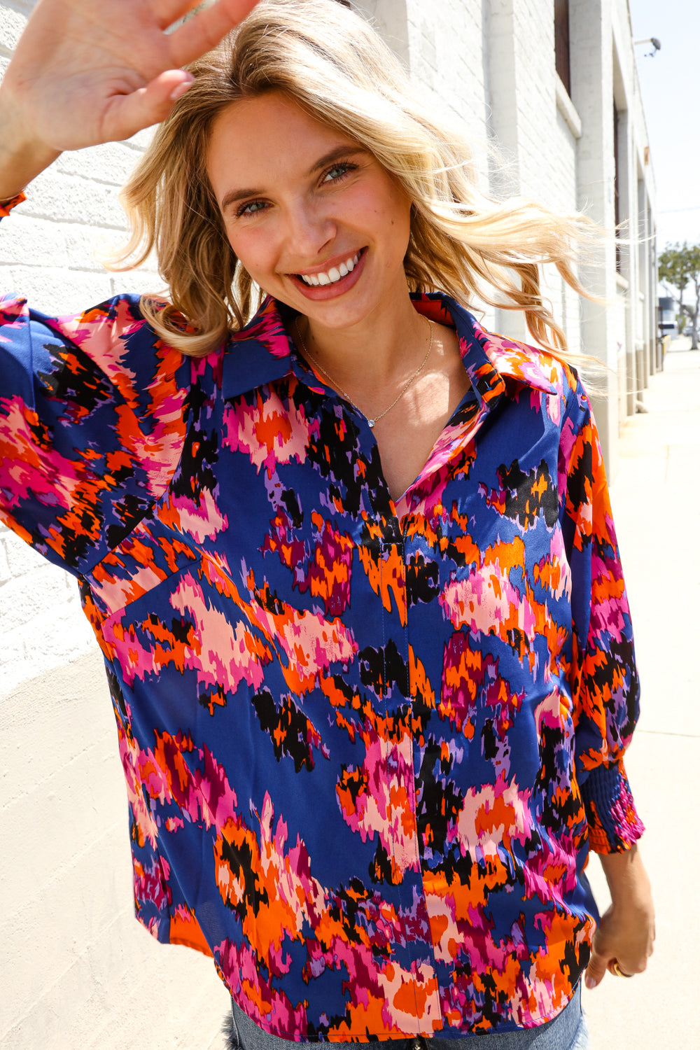 Dazzle in Cobalt Blue Abstract Print Button-Down Smocked Sleeve Blouse-Modish Lily, Tecumseh Michigan