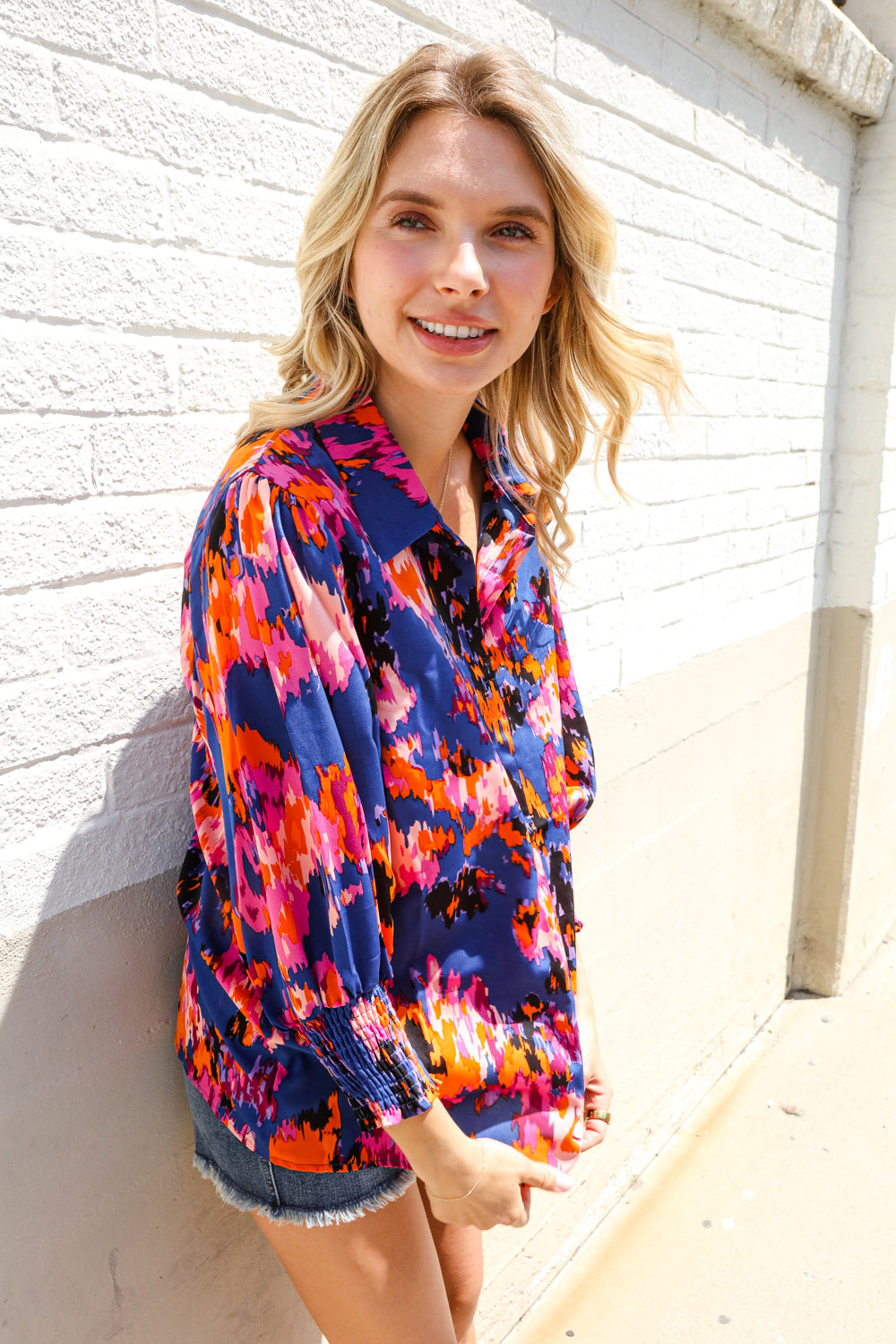 Dazzle in Cobalt Blue Abstract Print Button-Down Smocked Sleeve Blouse-Modish Lily, Tecumseh Michigan