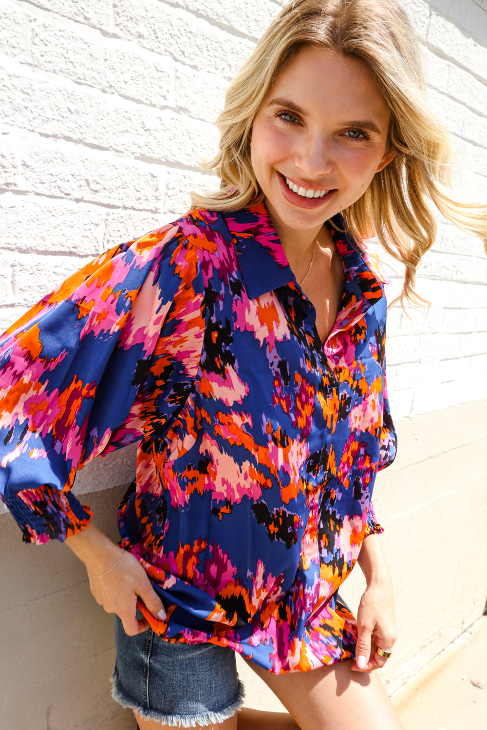 Dazzle in Cobalt Blue Abstract Print Button-Down Smocked Sleeve Blouse-Modish Lily, Tecumseh Michigan