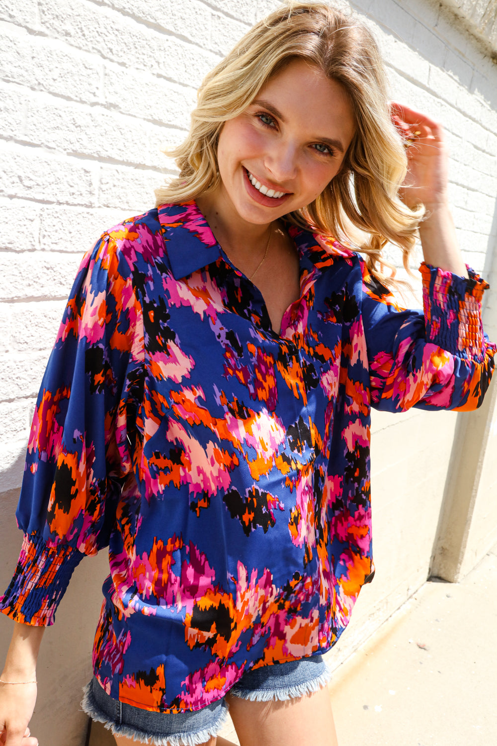 Dazzle in Cobalt Blue Abstract Print Button-Down Smocked Sleeve Blouse-Modish Lily, Tecumseh Michigan
