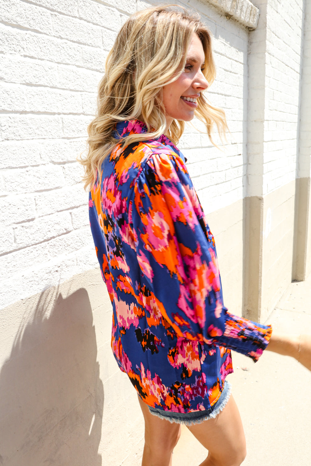 Dazzle in Cobalt Blue Abstract Print Button-Down Smocked Sleeve Blouse-Modish Lily, Tecumseh Michigan