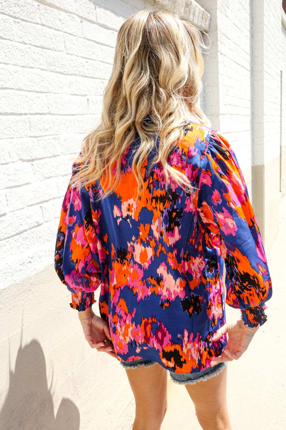 Dazzle in Cobalt Blue Abstract Print Button-Down Smocked Sleeve Blouse-Modish Lily, Tecumseh Michigan