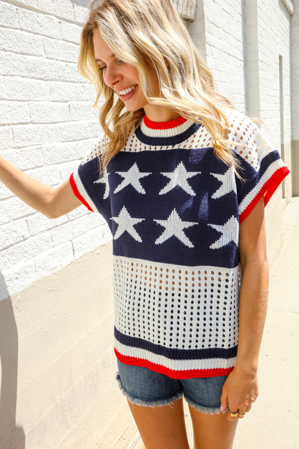 Stars & Stripe Dolman Sleeve Netted Sweater Top-Modish Lily, Tecumseh Michigan