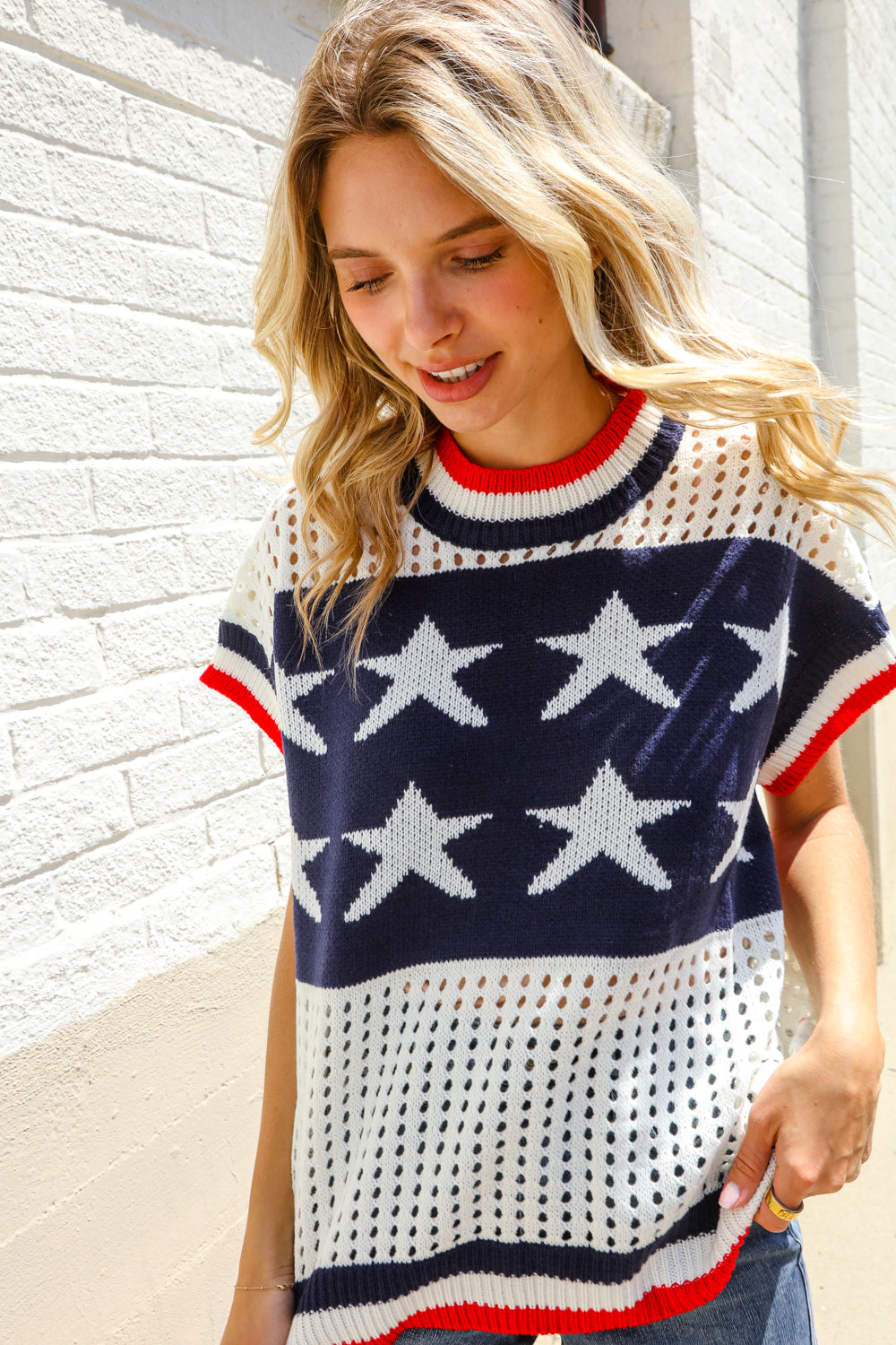 Stars & Stripe Dolman Sleeve Netted Sweater Top-Modish Lily, Tecumseh Michigan