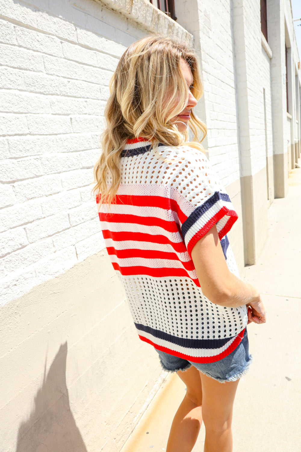 Stars & Stripe Dolman Sleeve Netted Sweater Top-Modish Lily, Tecumseh Michigan