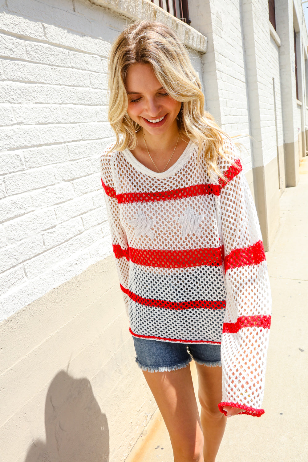 Feeling Patriotic Red Stripe Star Print Crochet Netted Pullover-Modish Lily, Tecumseh Michigan