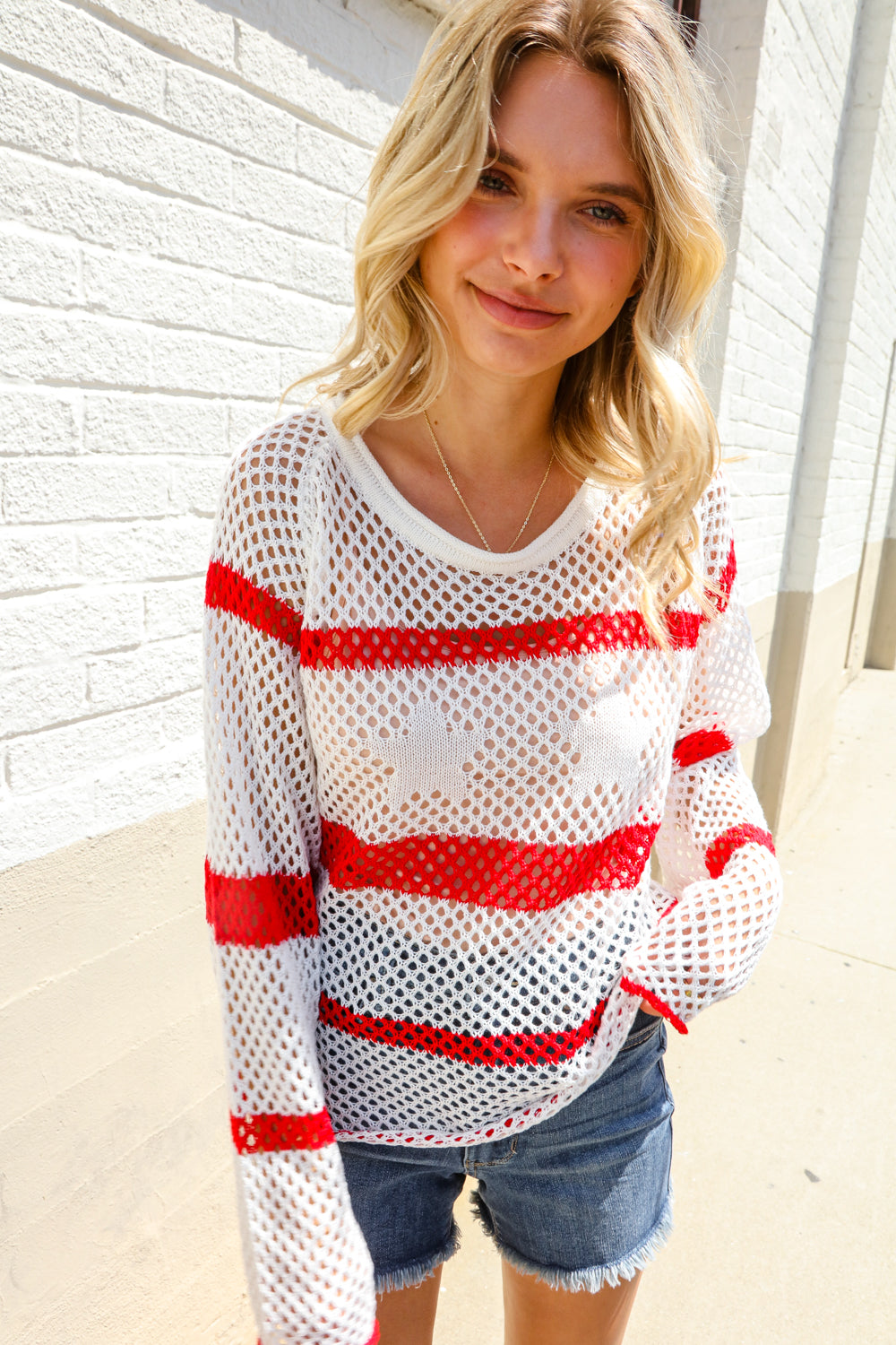 Feeling Patriotic Red Stripe Star Print Crochet Netted Pullover-Modish Lily, Tecumseh Michigan