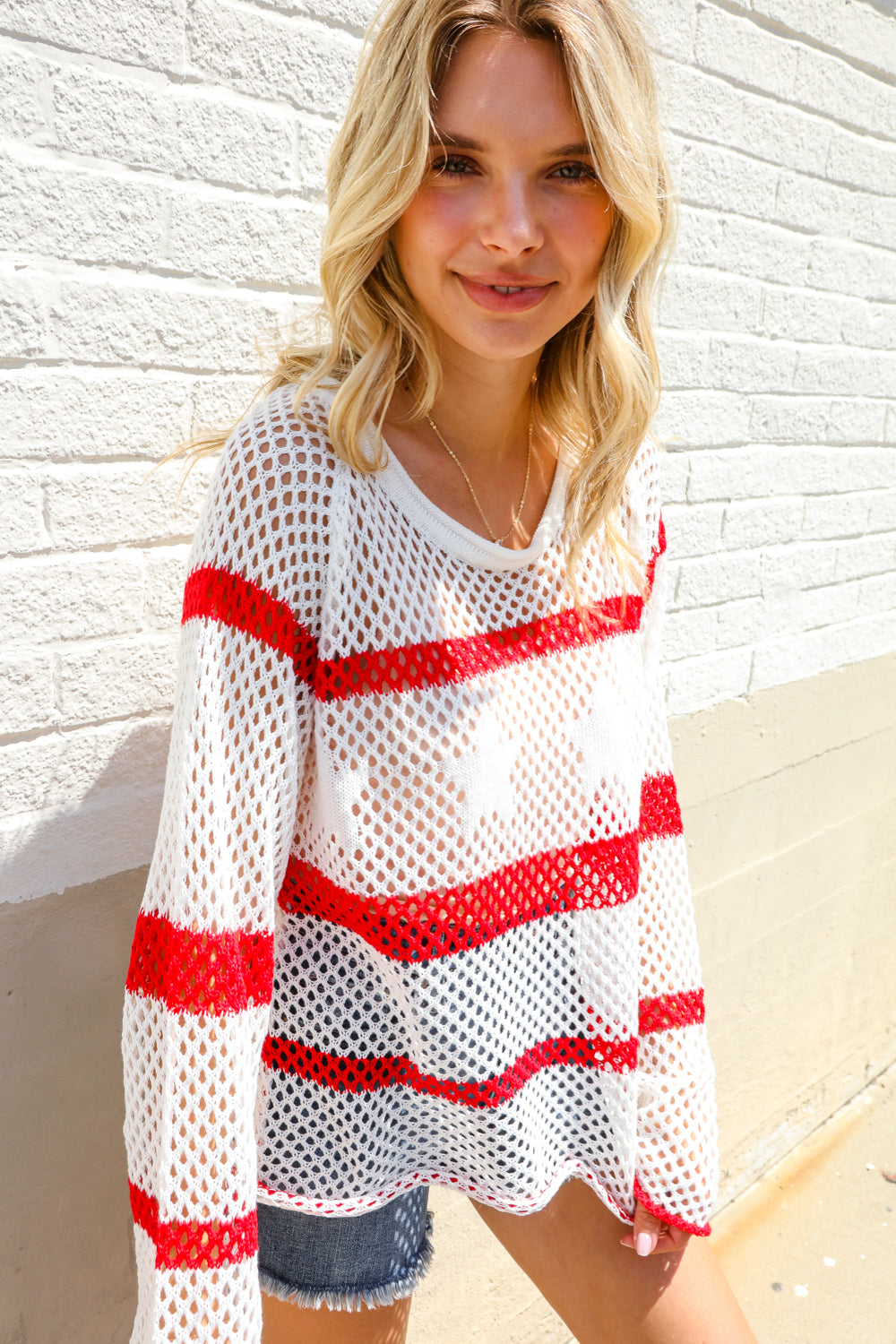 Feeling Patriotic Red Stripe Star Print Crochet Netted Pullover-Modish Lily, Tecumseh Michigan