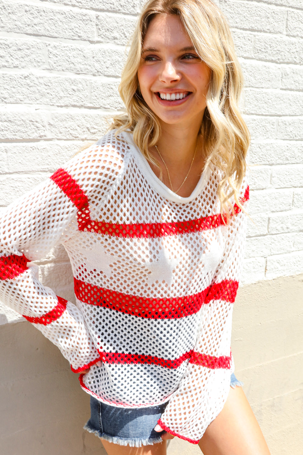 Feeling Patriotic Red Stripe Star Print Crochet Netted Pullover-Modish Lily, Tecumseh Michigan