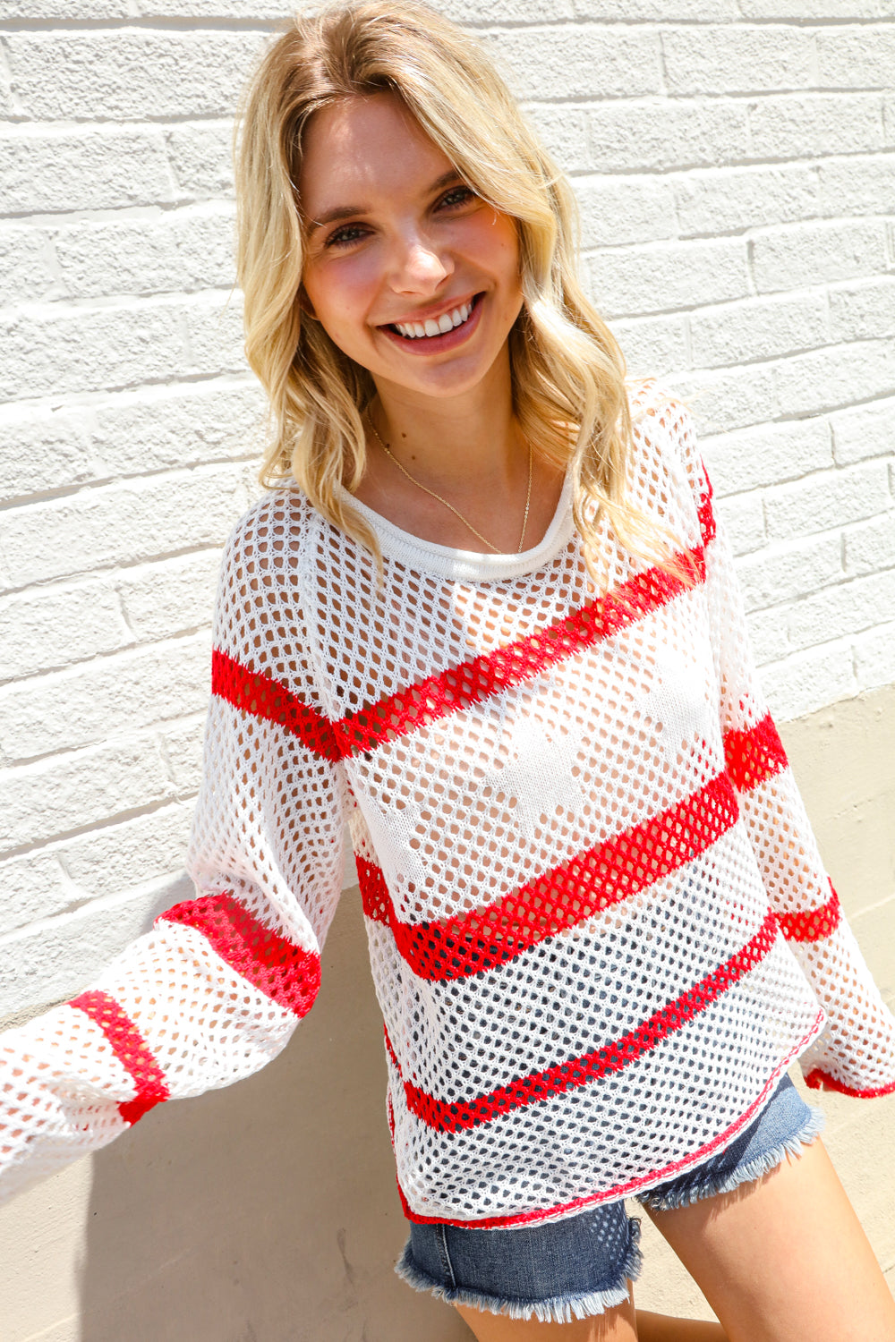 Feeling Patriotic Red Stripe Star Print Crochet Netted Pullover-Modish Lily, Tecumseh Michigan
