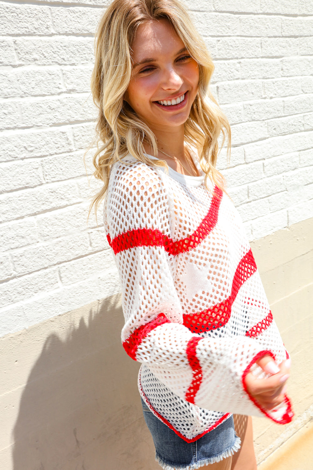 Feeling Patriotic Red Stripe Star Print Crochet Netted Pullover-Modish Lily, Tecumseh Michigan