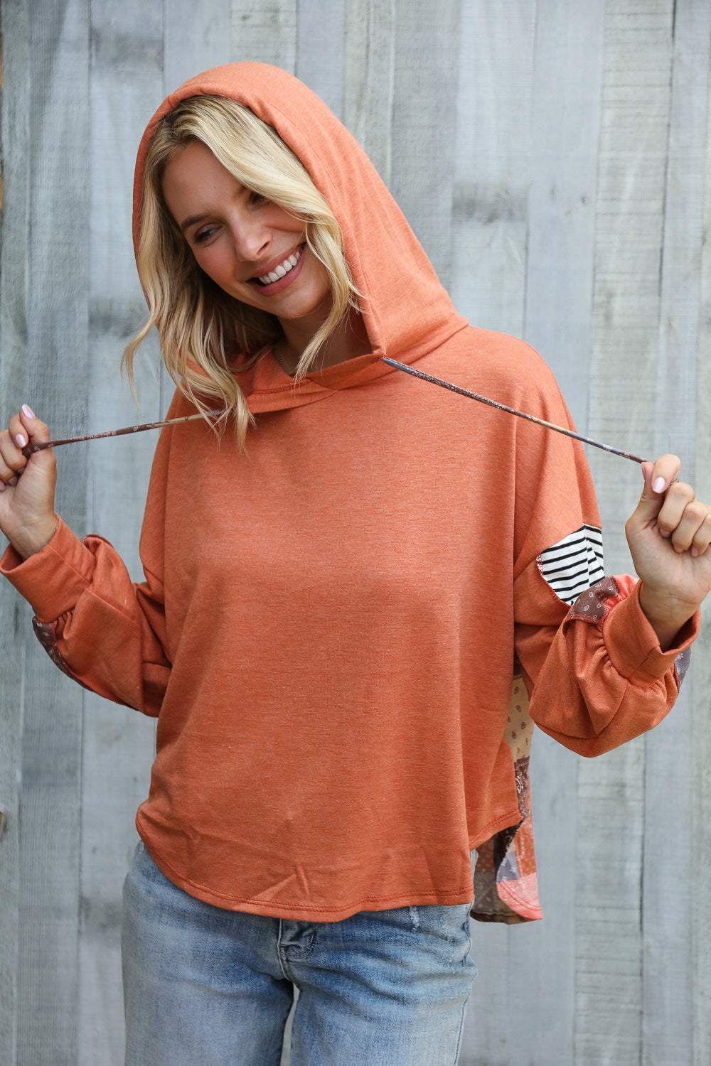Patch Me Later Rust French Terry High Low Hoodie-Modish Lily, Tecumseh Michigan