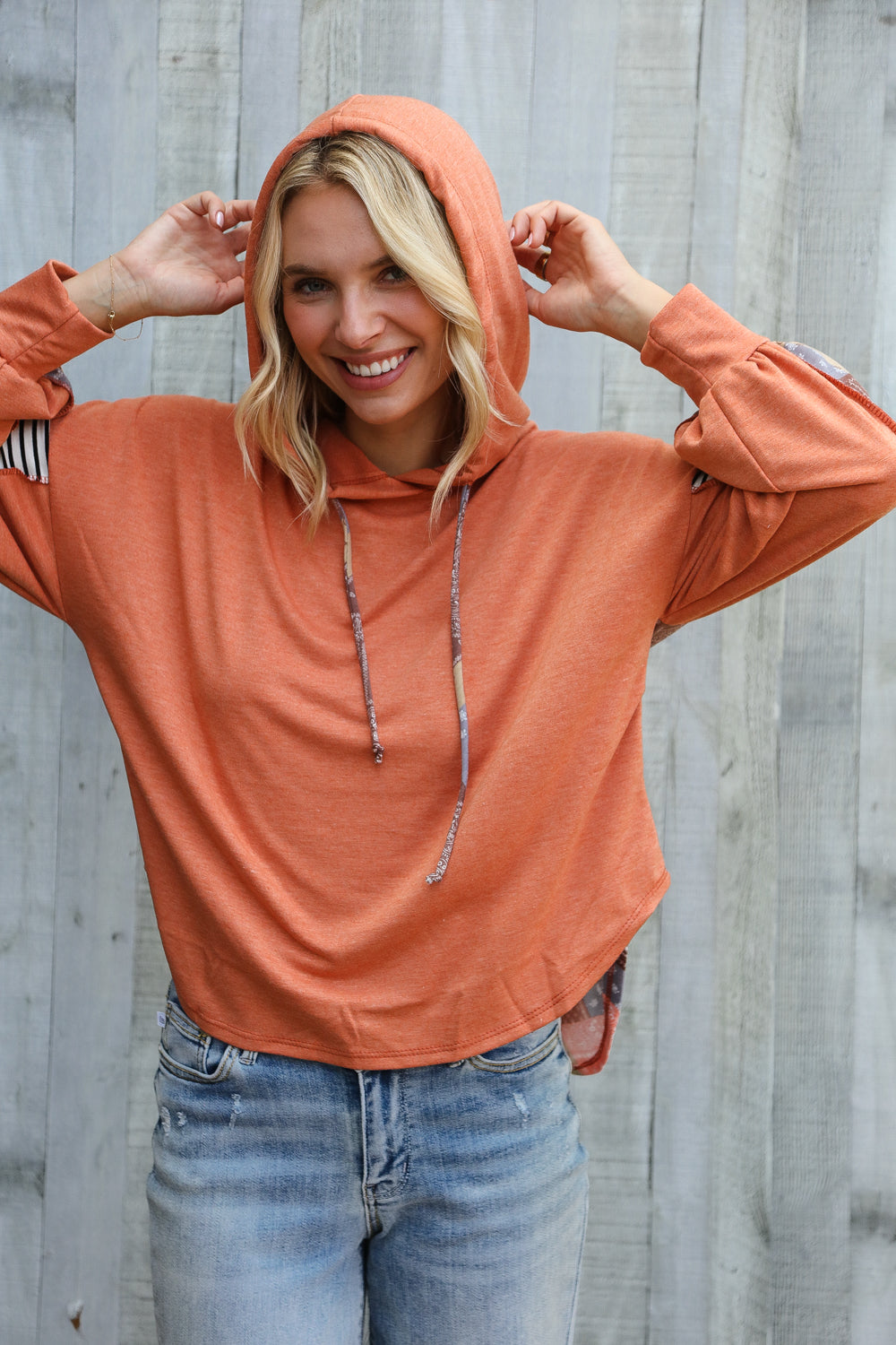 Patch Me Later Rust French Terry High Low Hoodie-Modish Lily, Tecumseh Michigan