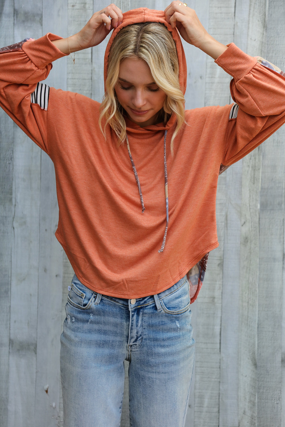 Patch Me Later Rust French Terry High Low Hoodie-Modish Lily, Tecumseh Michigan