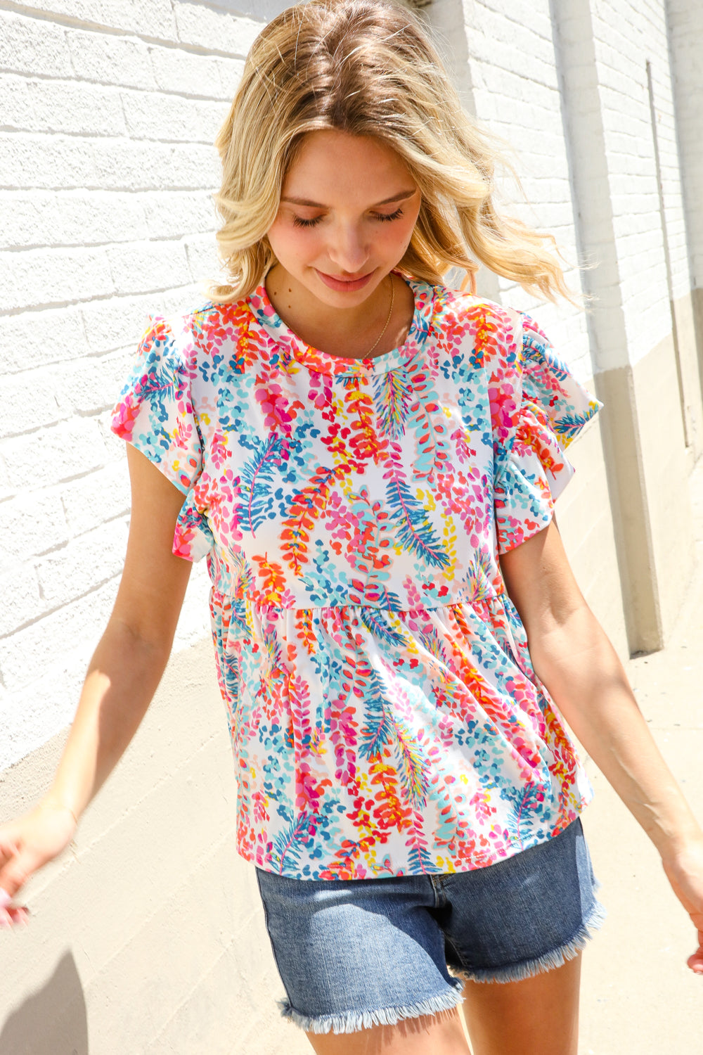 Perfect Find Ivory Floral Leaf Print Short Sleeve Babydoll Top-Modish Lily, Tecumseh Michigan