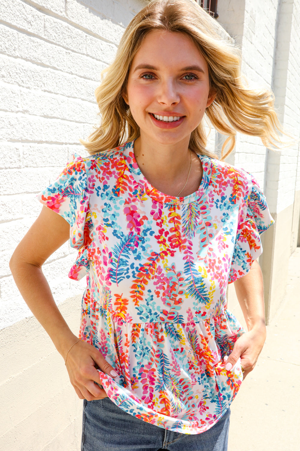 Perfect Find Ivory Floral Leaf Print Short Sleeve Babydoll Top-Modish Lily, Tecumseh Michigan
