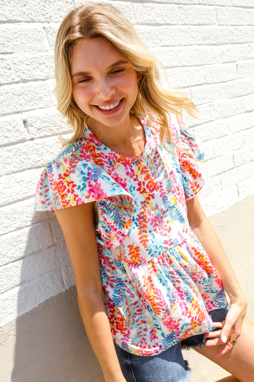 Perfect Find Ivory Floral Leaf Print Short Sleeve Babydoll Top-Modish Lily, Tecumseh Michigan
