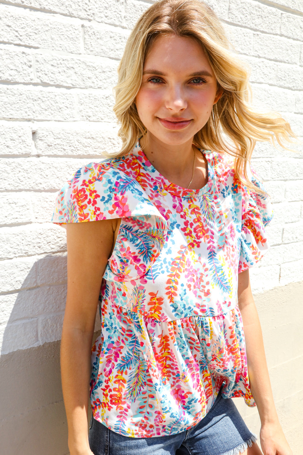Perfect Find Ivory Floral Leaf Print Short Sleeve Babydoll Top-Modish Lily, Tecumseh Michigan