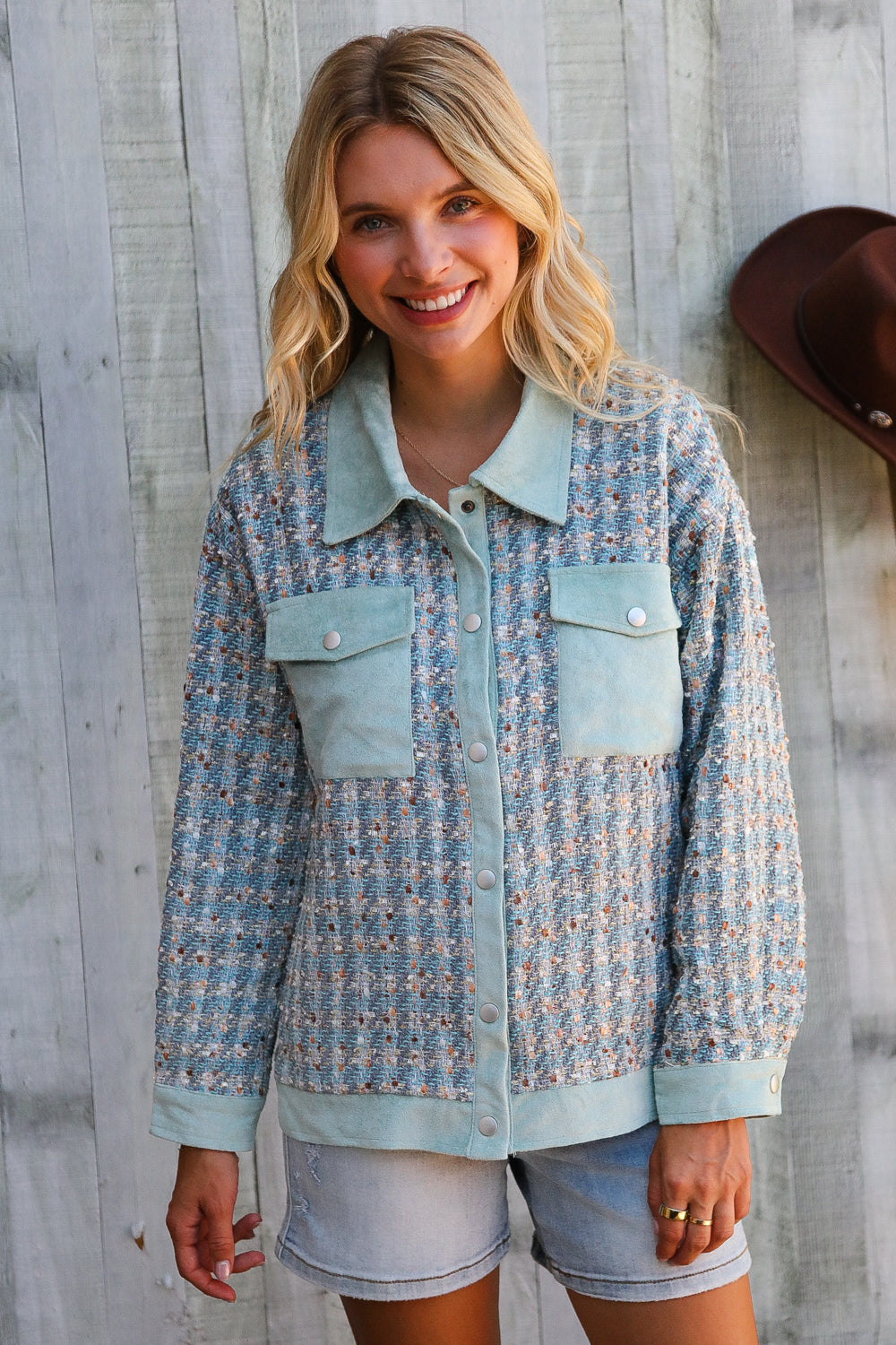 Put Together Turquoise Twill Banded Snap Button Jacket-Modish Lily, Tecumseh Michigan