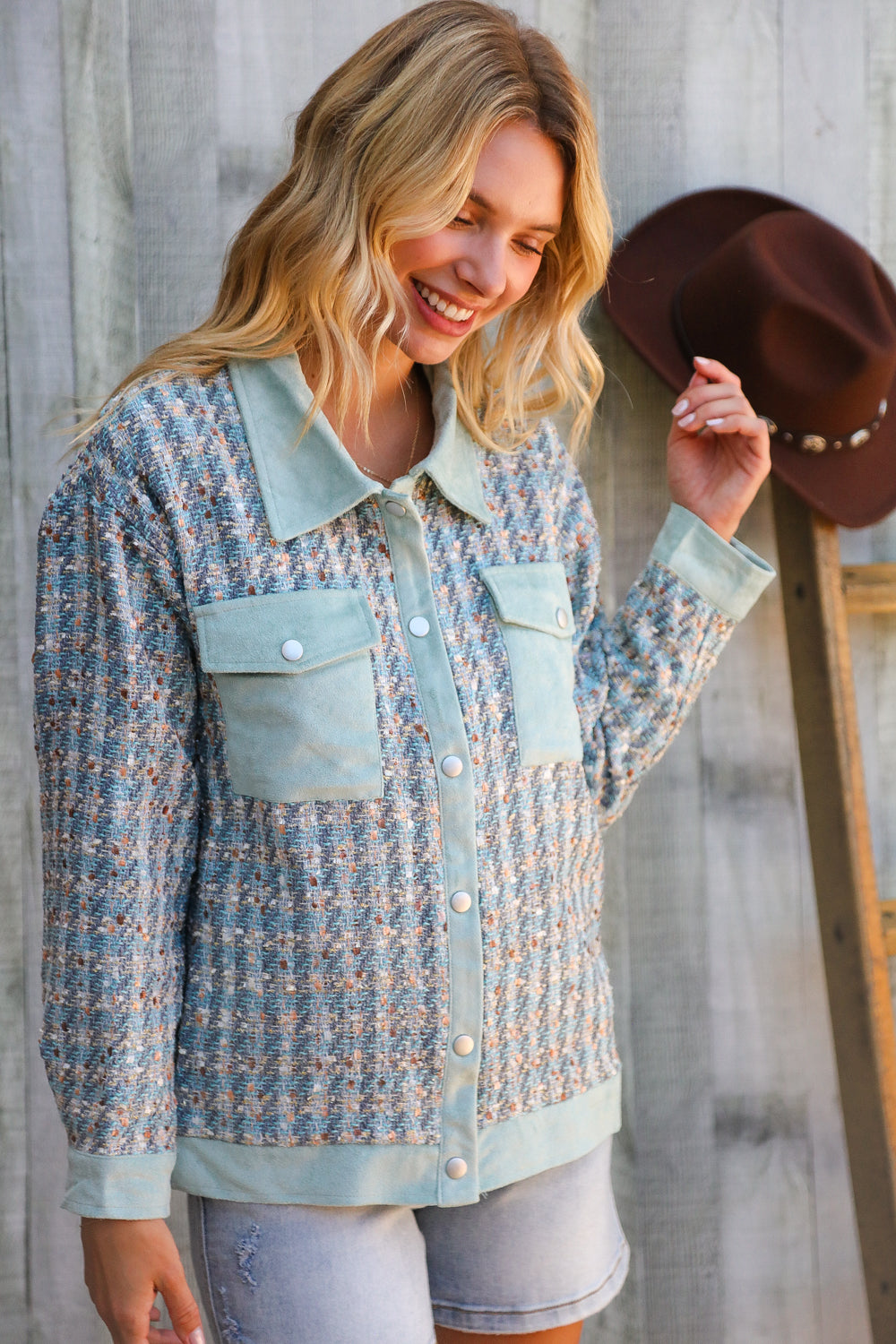 Put Together Turquoise Twill Banded Snap Button Jacket-Modish Lily, Tecumseh Michigan