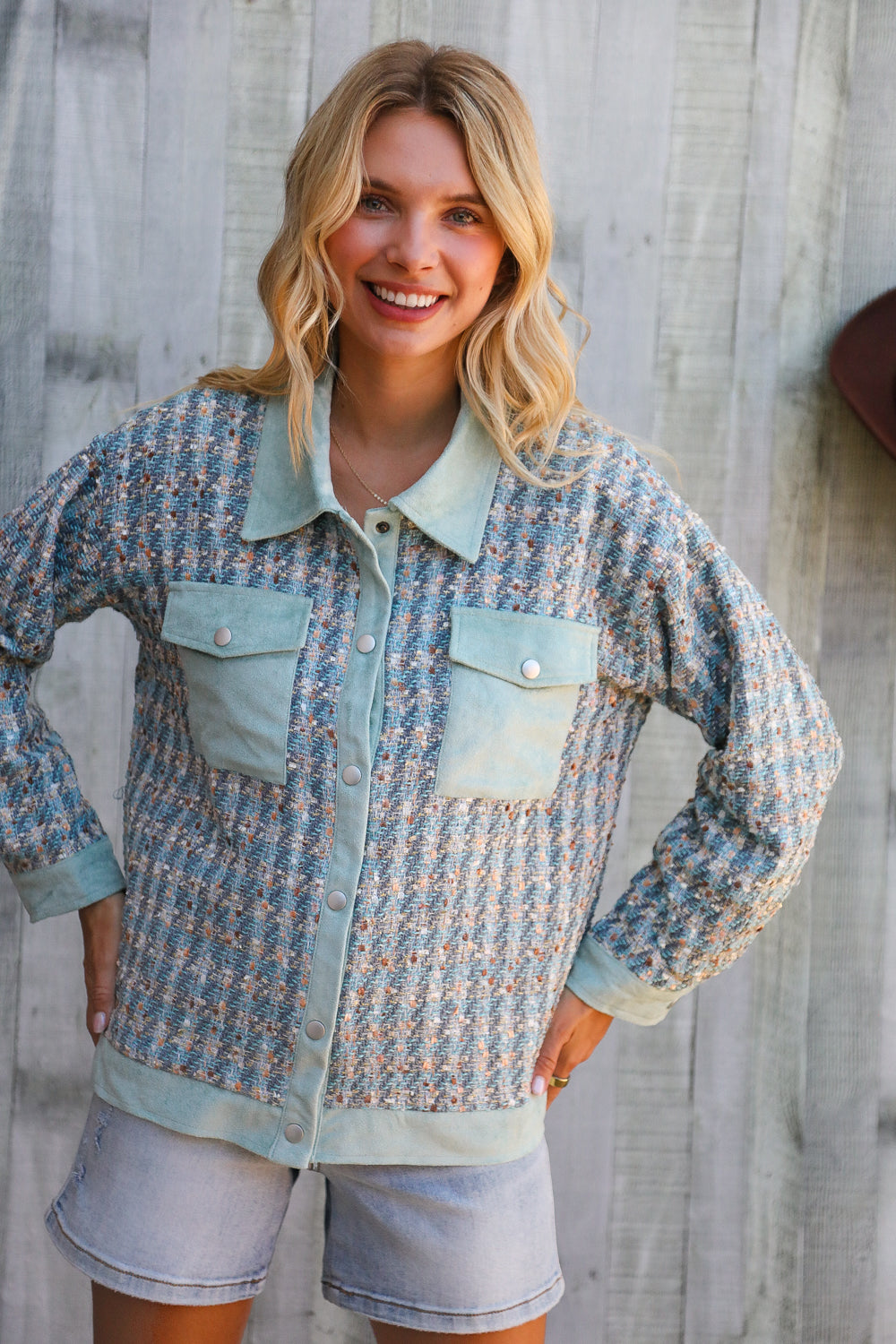Put Together Turquoise Twill Banded Snap Button Jacket-Modish Lily, Tecumseh Michigan