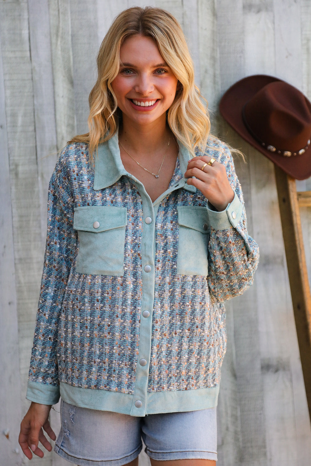 Put Together Turquoise Twill Banded Snap Button Jacket-Modish Lily, Tecumseh Michigan