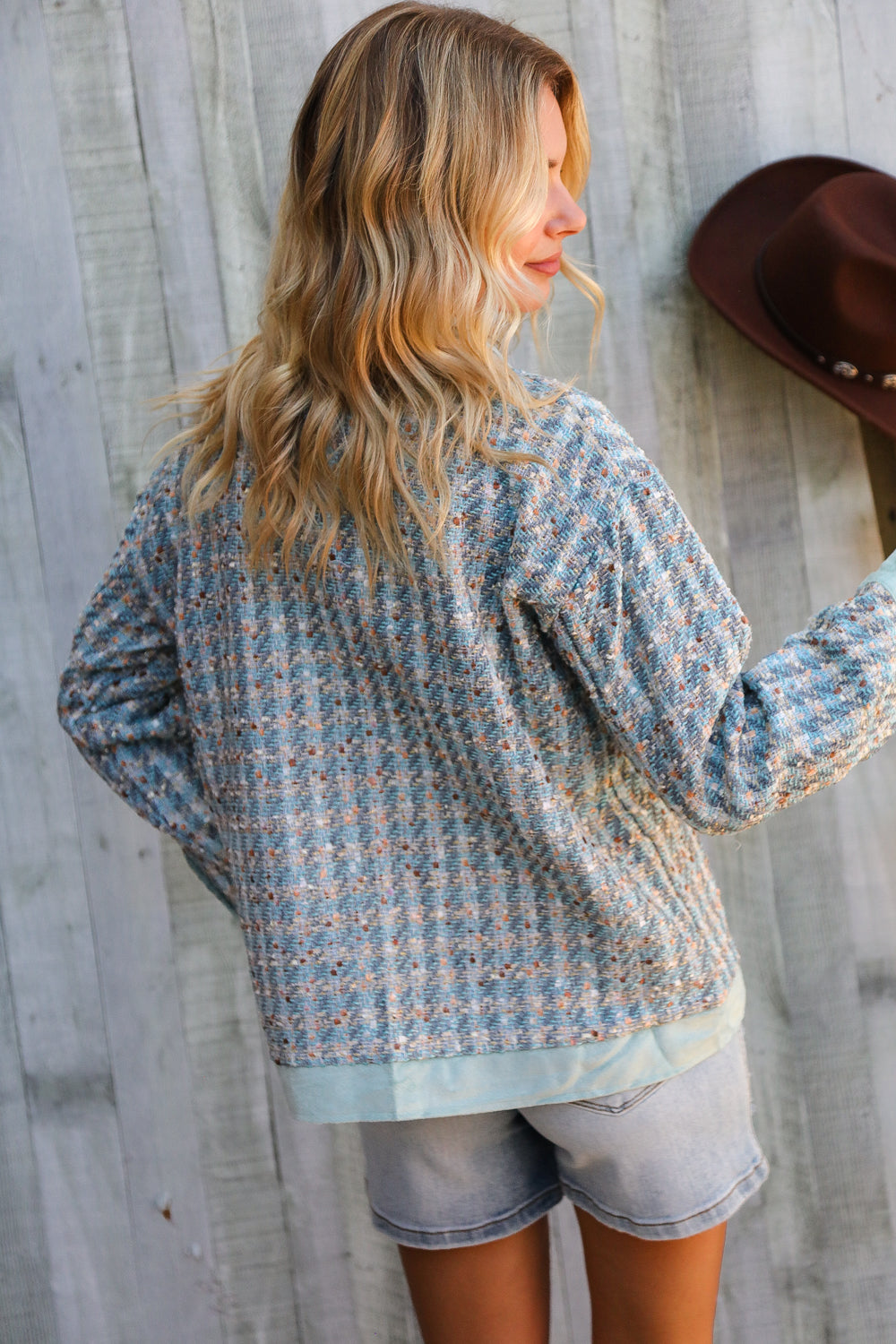 Put Together Turquoise Twill Banded Snap Button Jacket-Modish Lily, Tecumseh Michigan