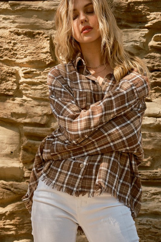 Perfect Find Cinnamin Plaid Cotton-Blend Fray Hem Shacket-Modish Lily, Tecumseh Michigan