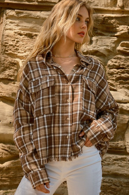 Perfect Find Cinnamin Plaid Cotton-Blend Fray Hem Shacket-Modish Lily, Tecumseh Michigan