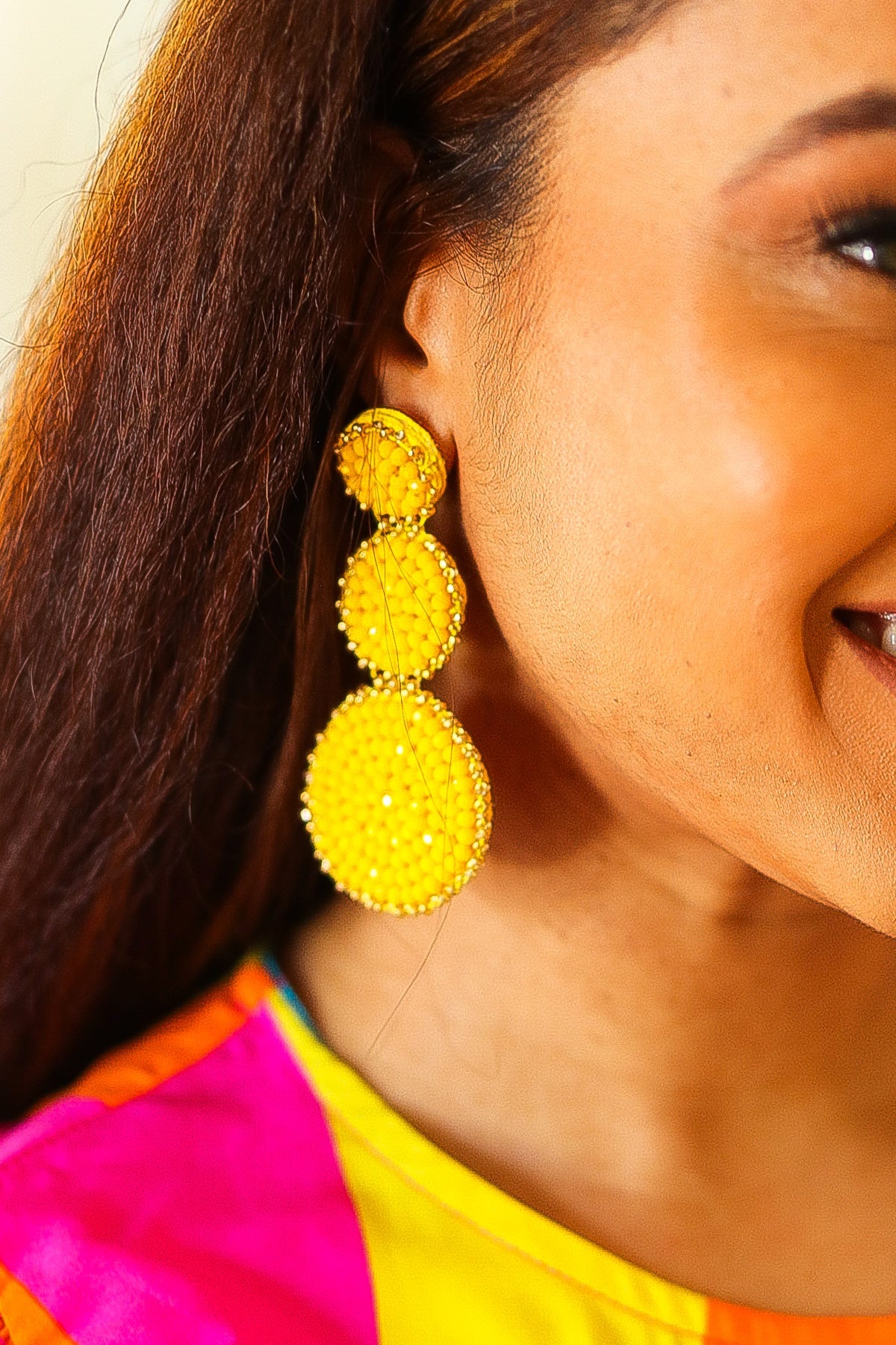 Yellow Beaded Round Pendant Earrings-07-01-25 Summer Sale-Modish Lily, Tecumseh Michigan