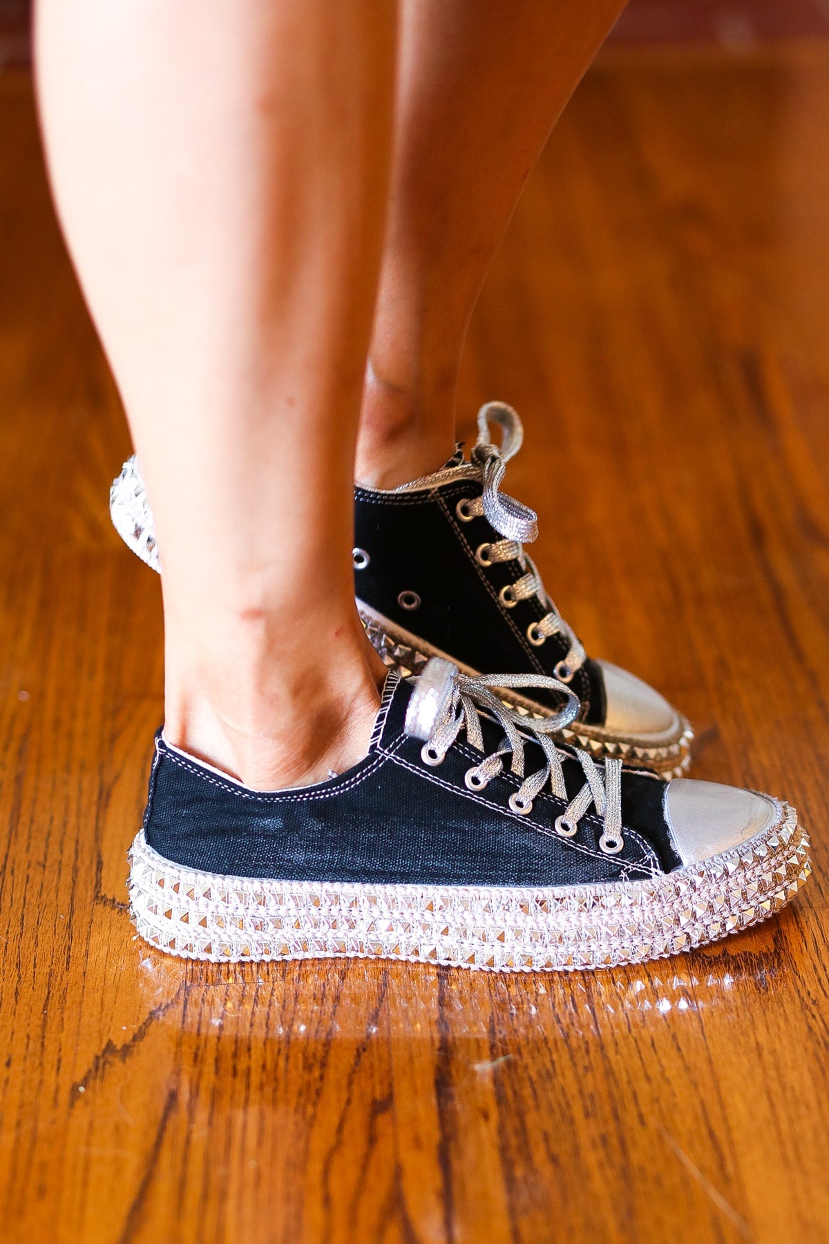Get Their Attention Black Studded Canvas Sneakers-2024 Blow-Out Sale-Modish Lily, Tecumseh Michigan