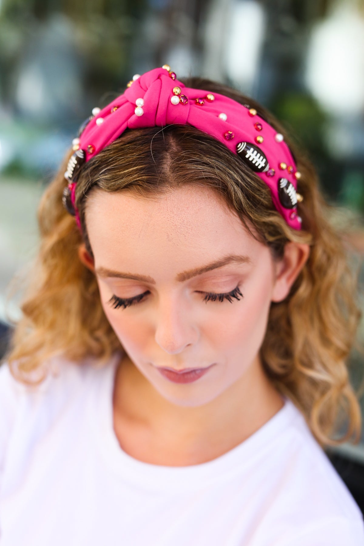 Fuchsia Stone & Gem Football Embellished Top Knot Headband-07-01-25 Summer Sale-Modish Lily, Tecumseh Michigan
