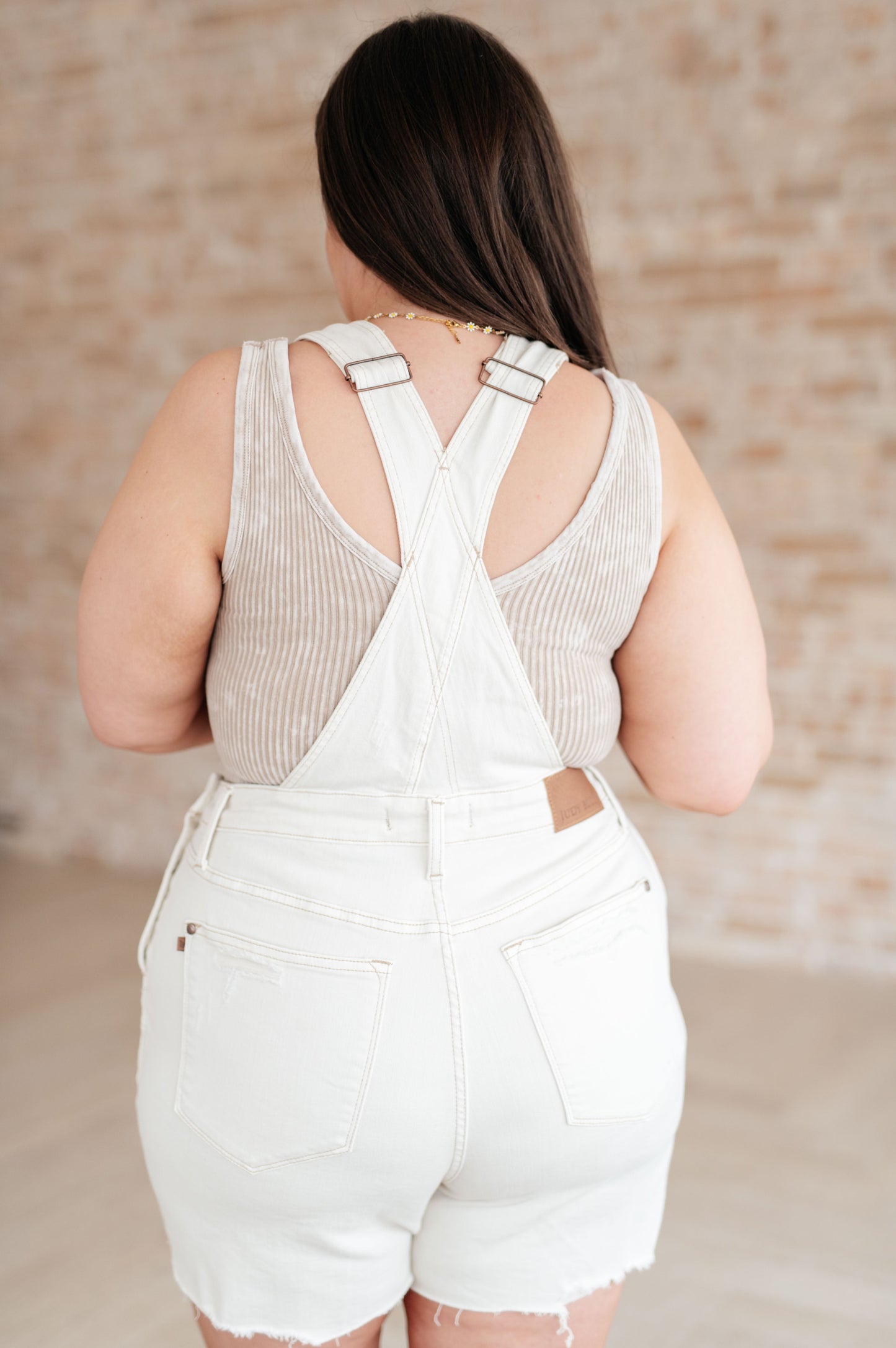 Anna High Rise Garment Dyed Cutoff Shortalls in Ecru-Denim-Modish Lily, Tecumseh Michigan