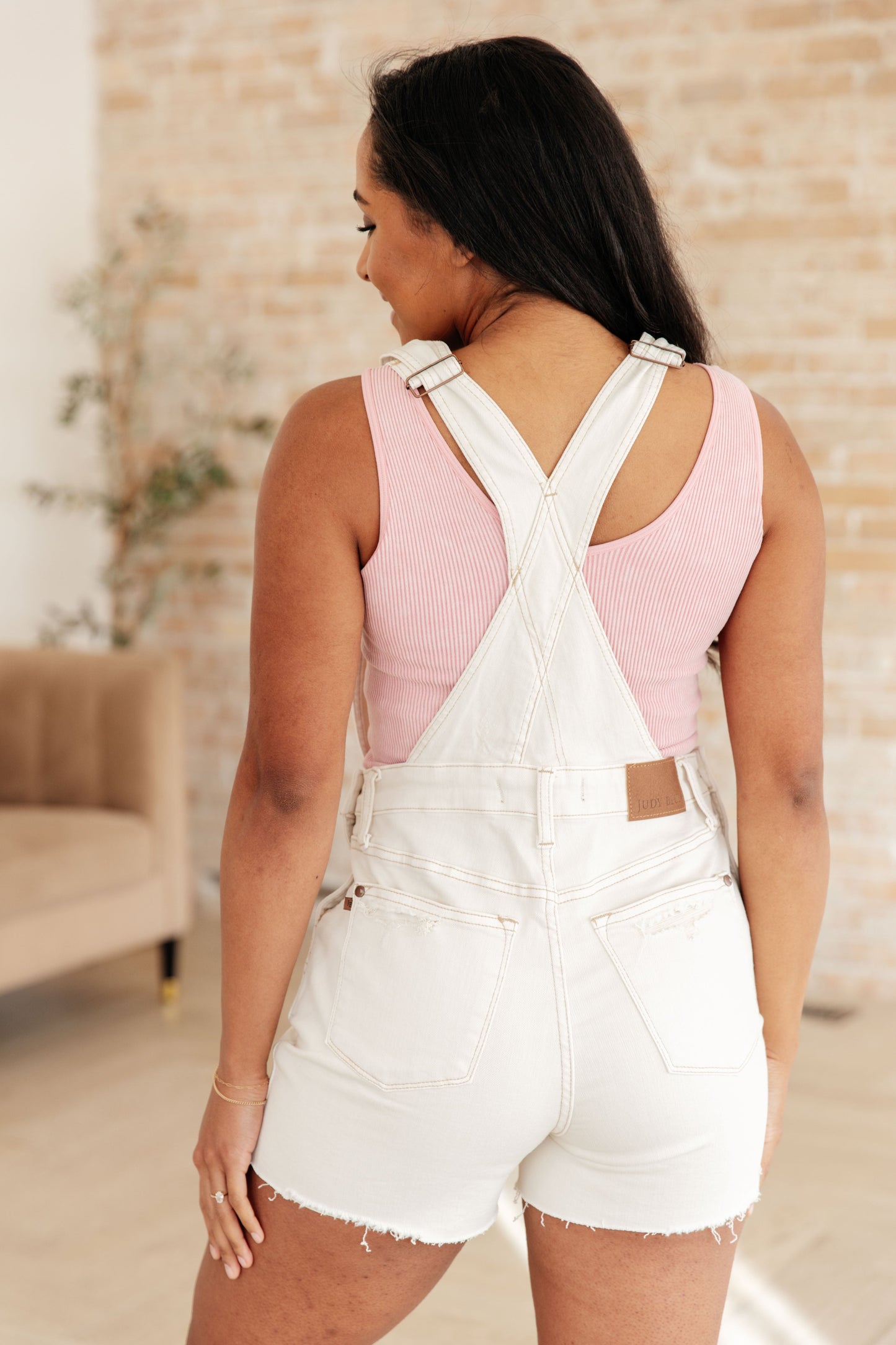 Anna High Rise Garment Dyed Cutoff Shortalls in Ecru-Denim-Modish Lily, Tecumseh Michigan