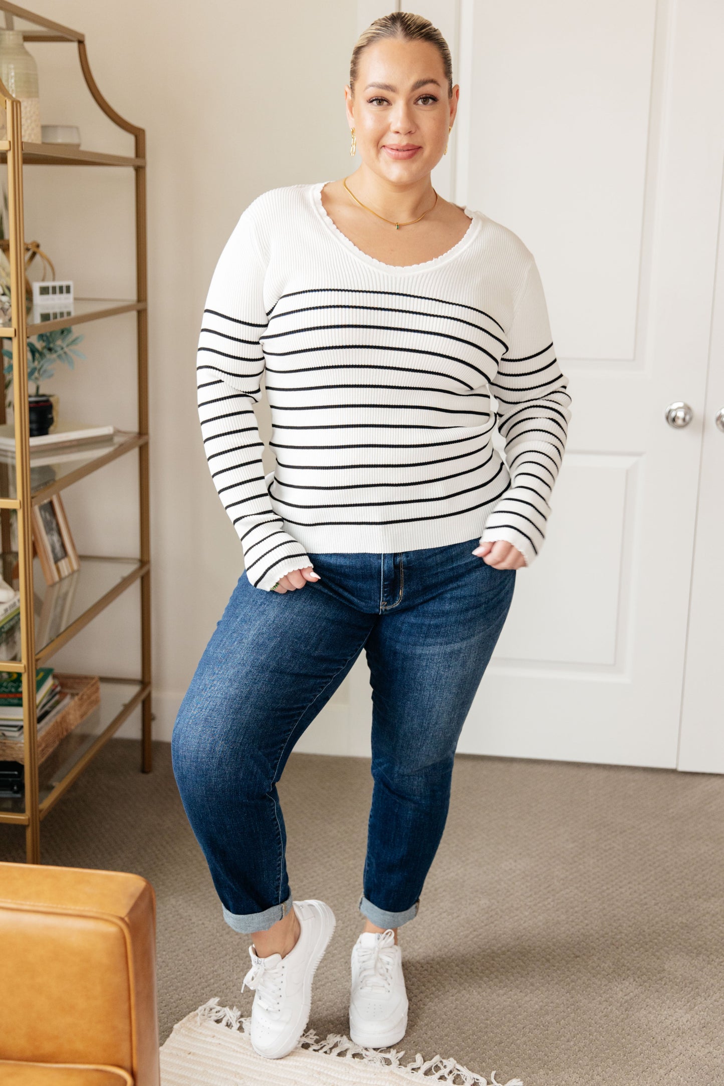 Be Still V-Neck Striped Sweater-Womens-Modish Lily, Tecumseh Michigan