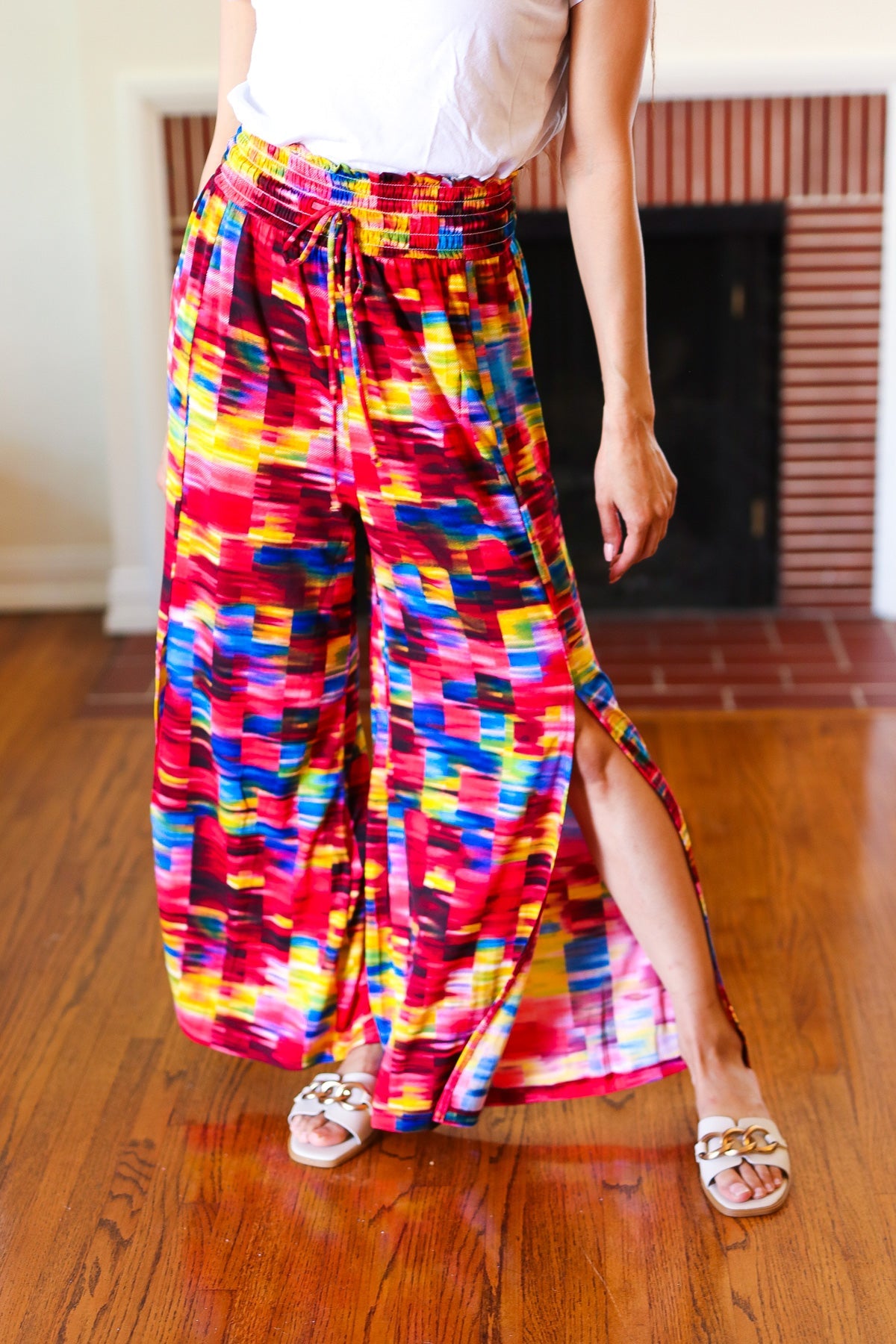 Vacay Vibes Kaleidoscope Smocked Waist Side Slit Palazzo Pants-Modish Lily, Tecumseh Michigan