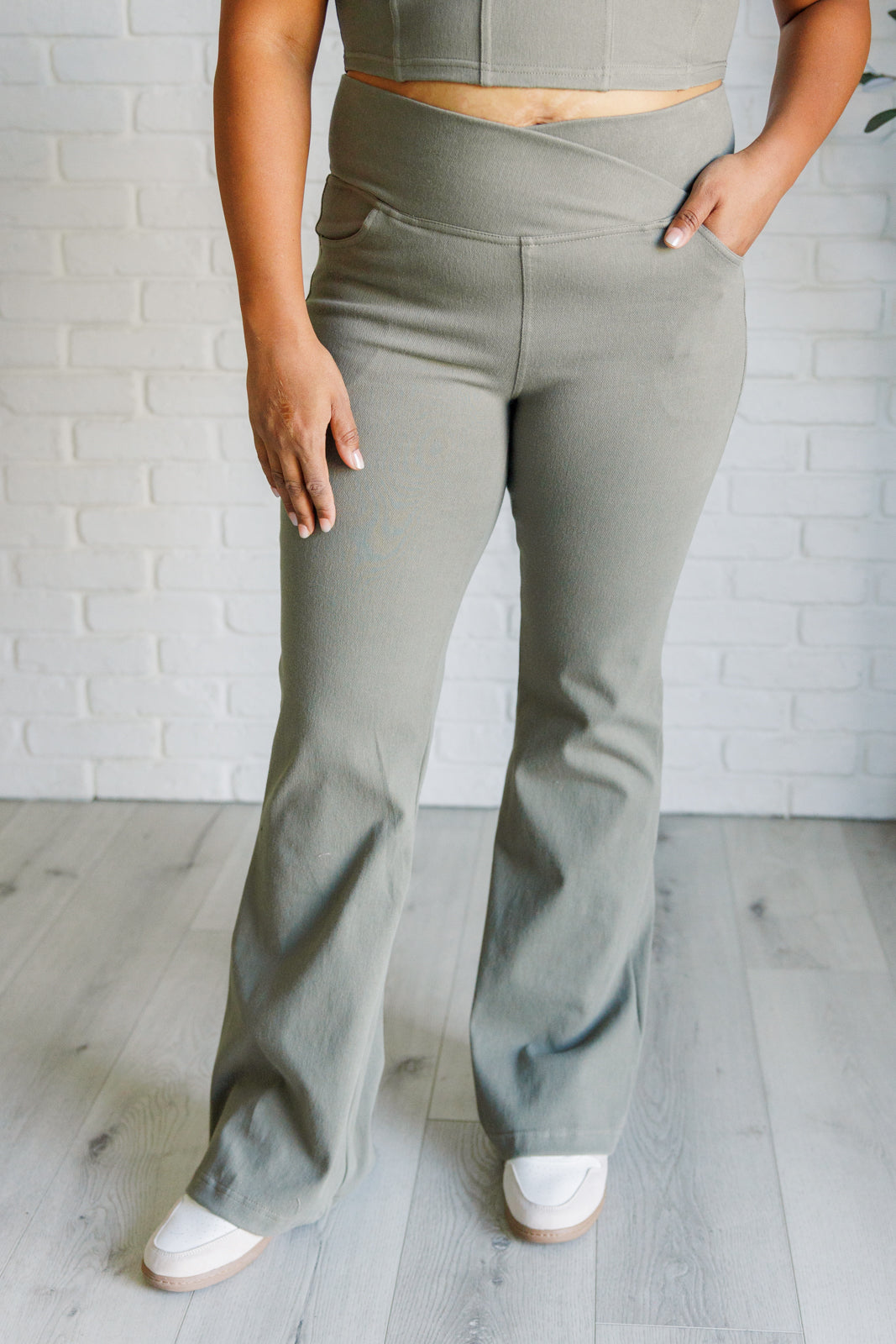 Building Habits Twill Flared Crossover Waist Pant in Dusty Olive-Bottoms-Modish Lily, Tecumseh Michigan