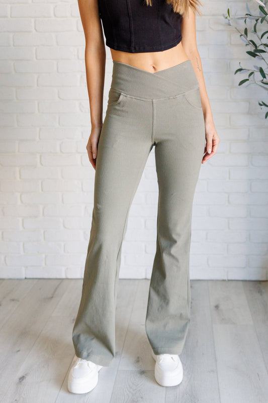 Building Habits Twill Flared Crossover Waist Pant in Dusty Olive-Bottoms-Modish Lily, Tecumseh Michigan