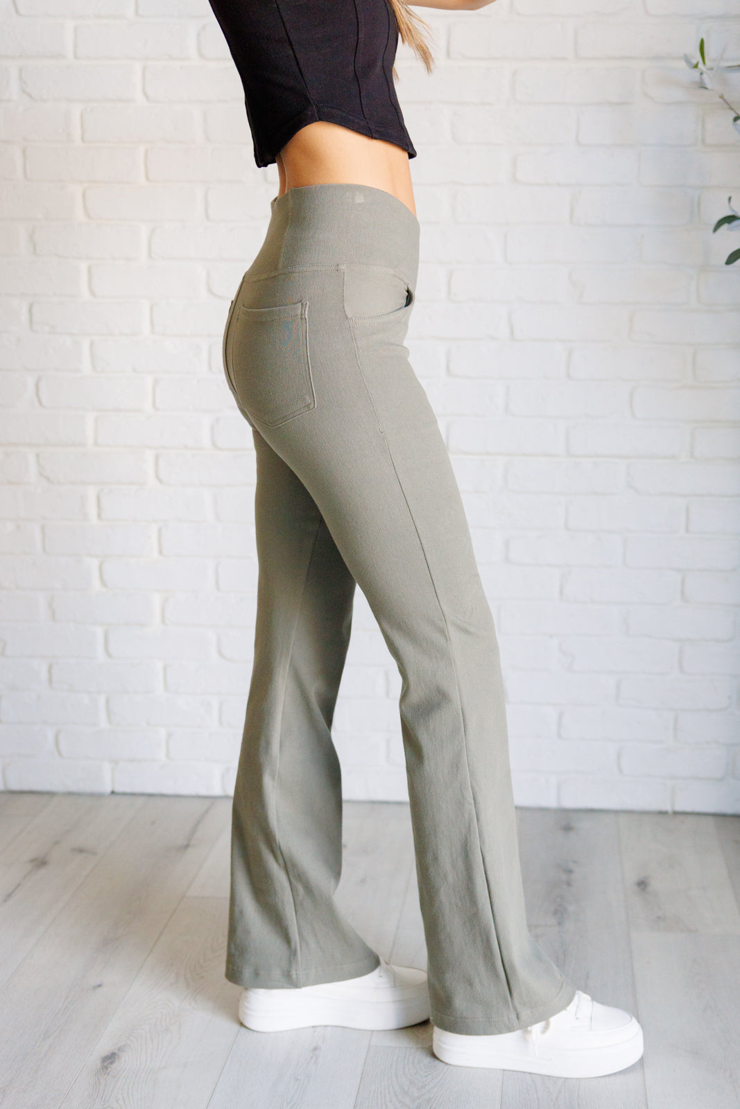 Building Habits Twill Flared Crossover Waist Pant in Dusty Olive-Bottoms-Modish Lily, Tecumseh Michigan