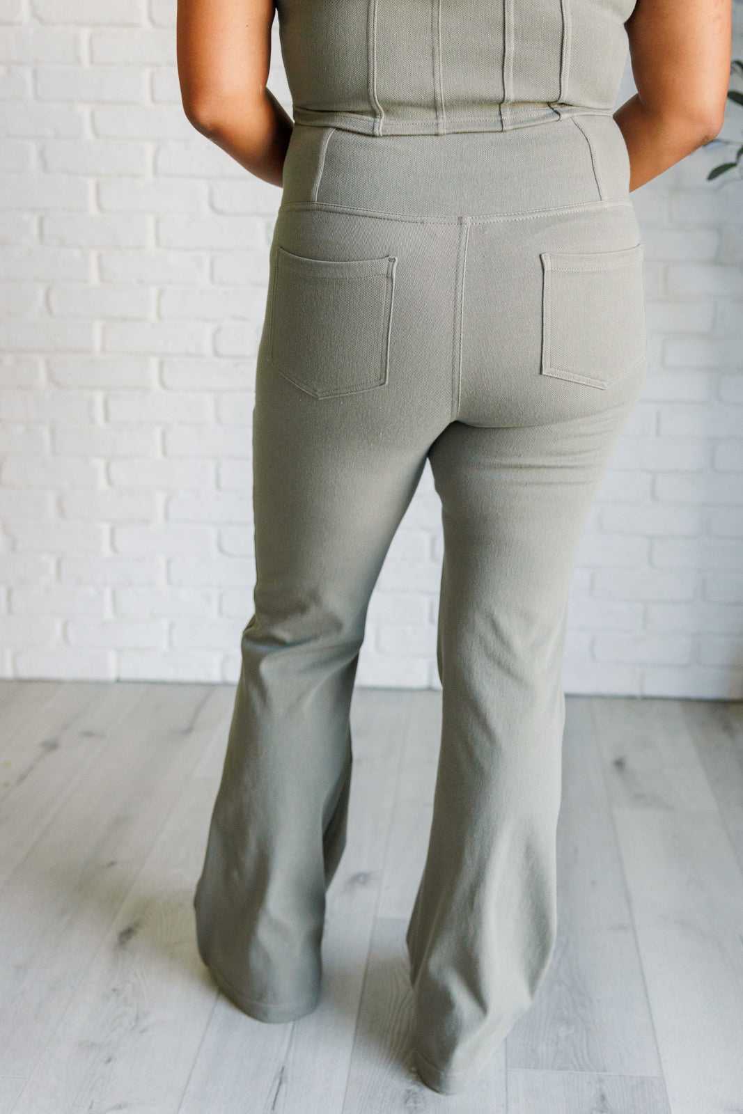 Building Habits Twill Flared Crossover Waist Pant in Dusty Olive-Bottoms-Modish Lily, Tecumseh Michigan