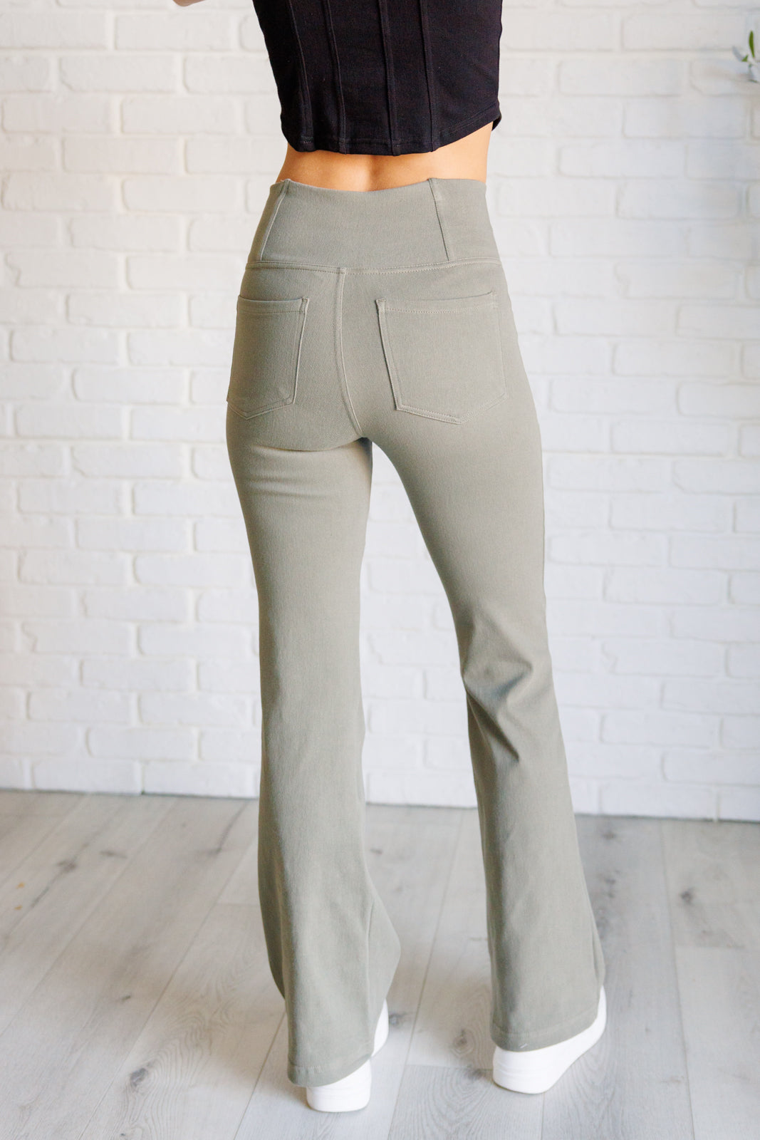 Building Habits Twill Flared Crossover Waist Pant in Dusty Olive-Bottoms-Modish Lily, Tecumseh Michigan