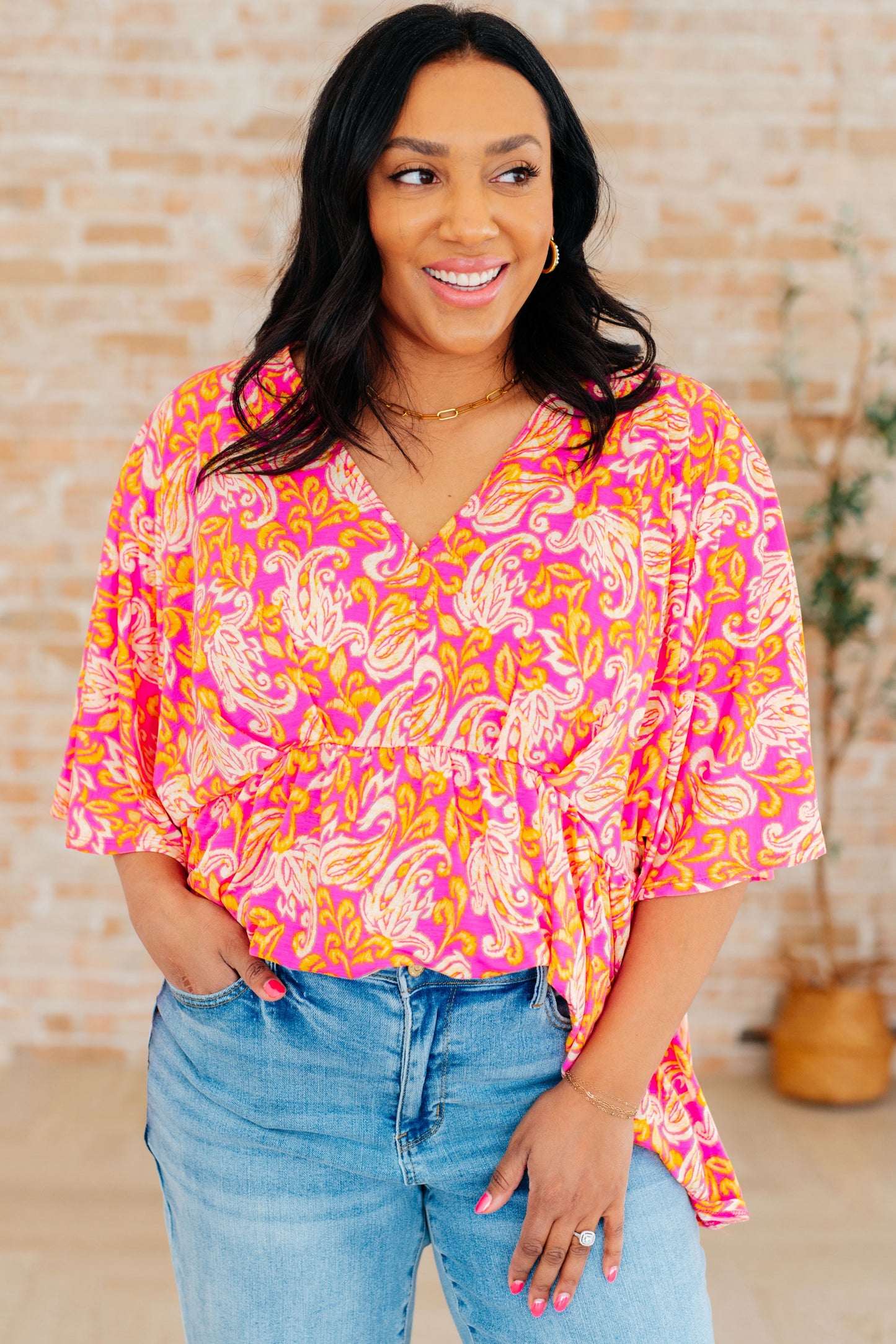 Dreamer Peplum Top in Pink Filigree-Tops-Modish Lily, Tecumseh Michigan